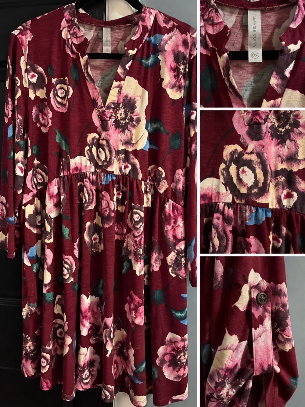 Women’s Floral V-Neck Babydoll Tunic - Burgundy Floral